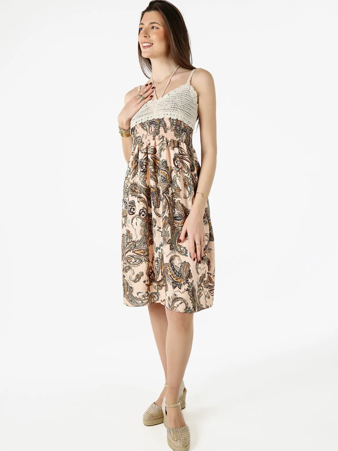 Airisa Vestito da donna con spalline sottili e dettagli in macramè - verde