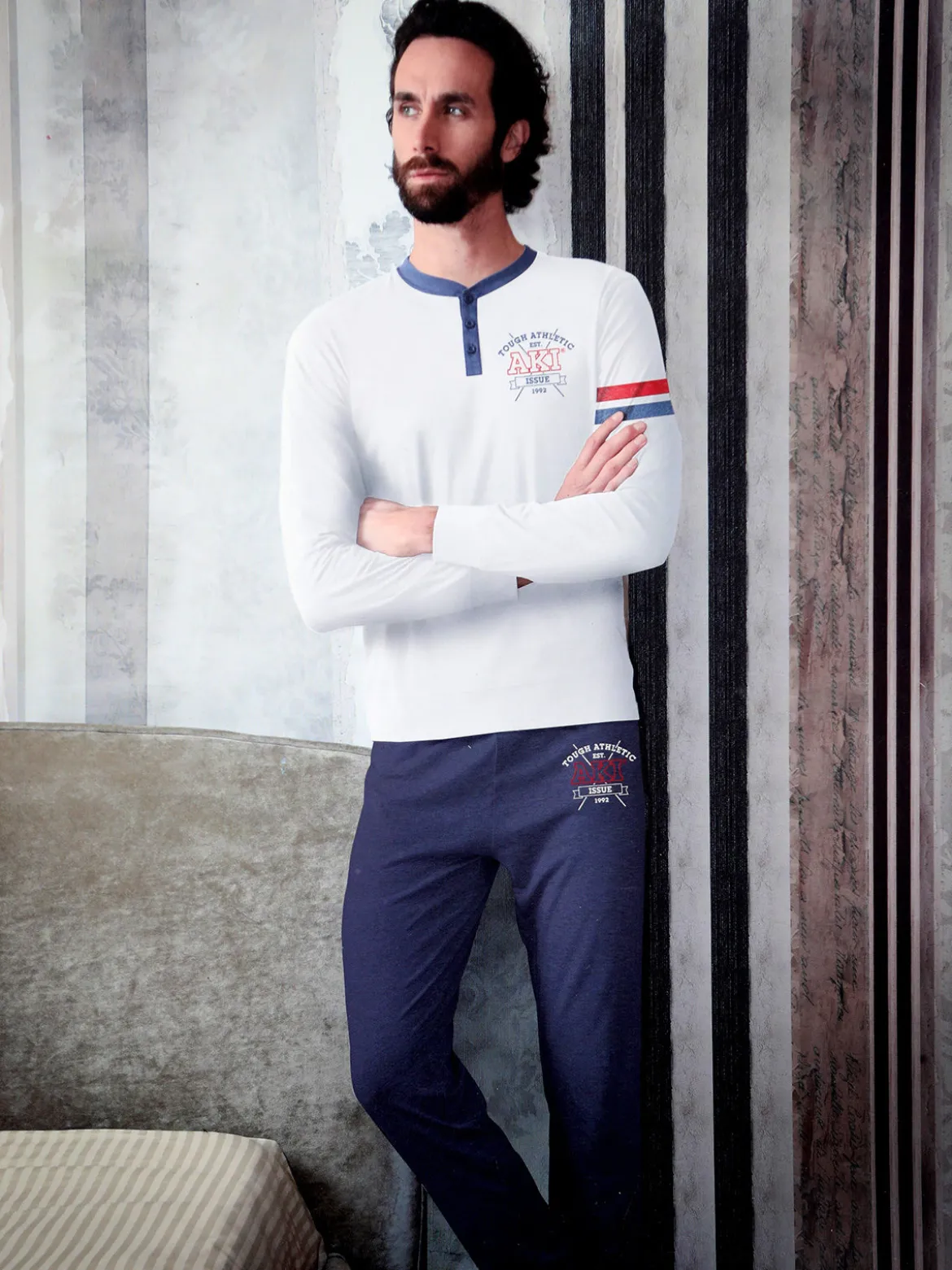 Aki Pigiama lungo da uomo in cotone