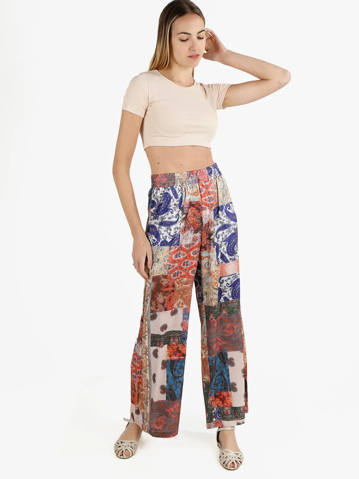 Altariva Pantaloni donna leggeri a gamba larga con elastico in vita