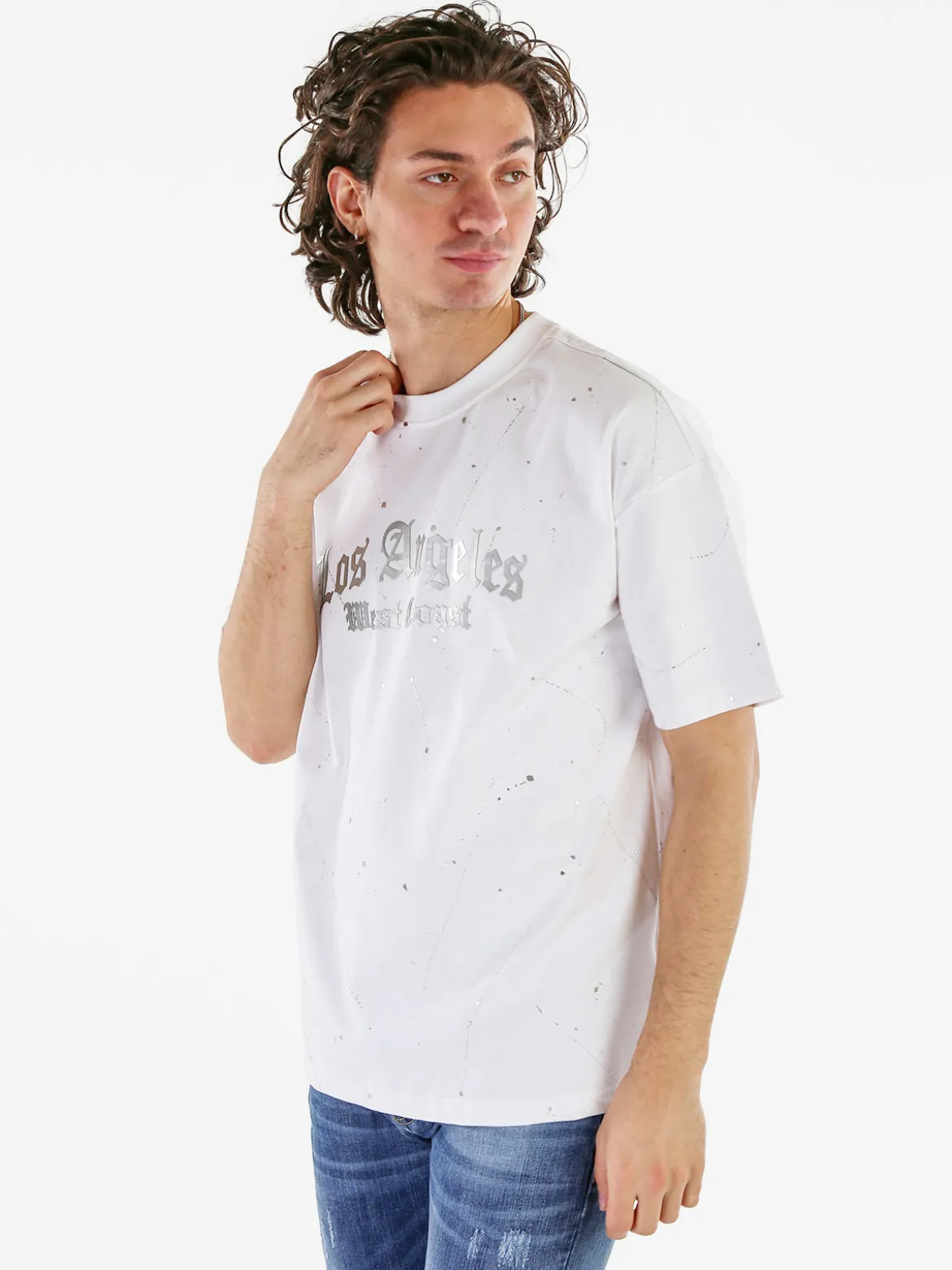Ange Wear T-shirt da uomo in cotone con stampe metallizzate - bianco