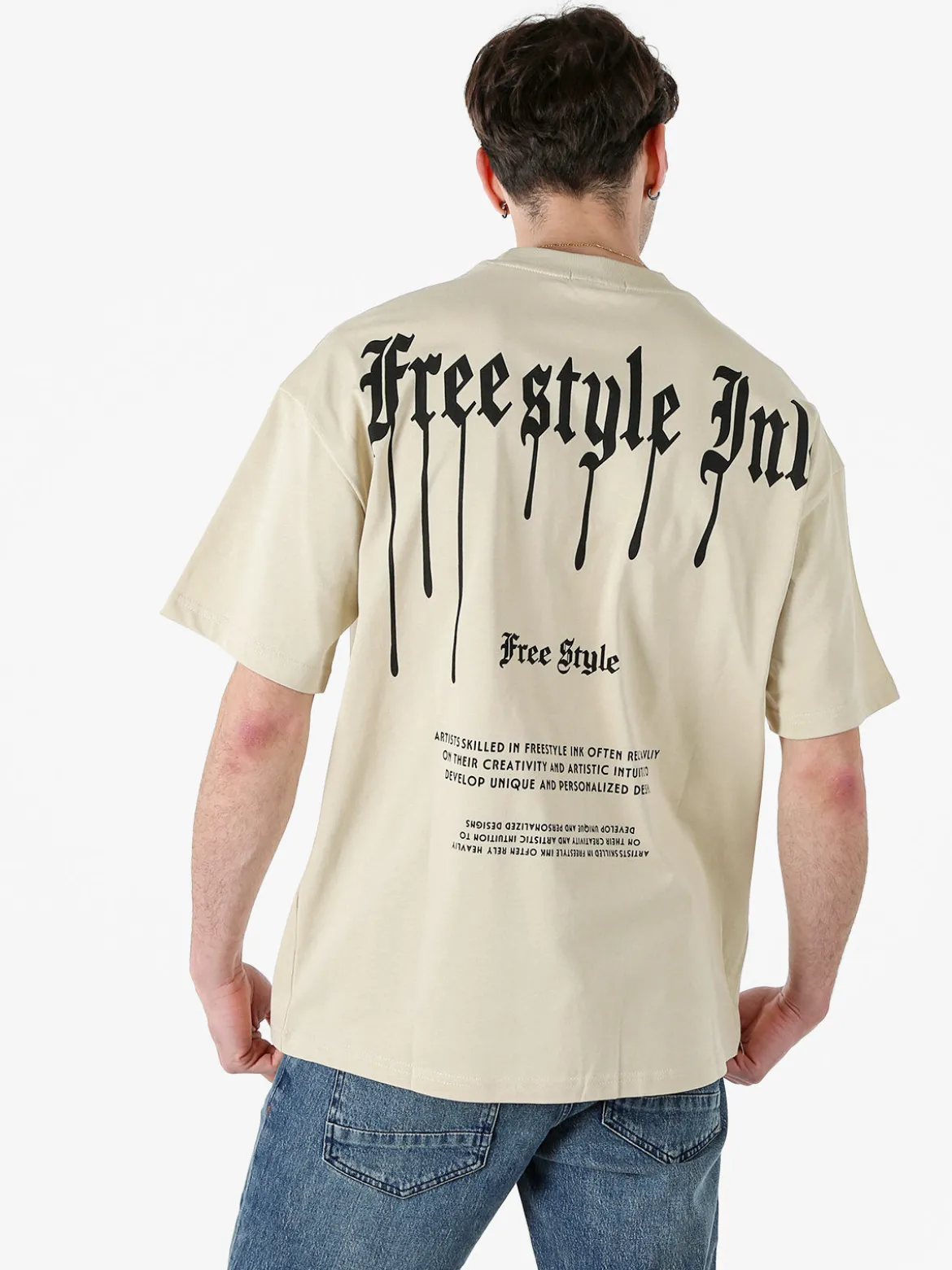 Ange Wear T-shirt da uomo oversize in cotone con stampe davanti e dietro - beige
