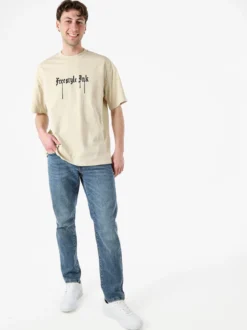 Ange Wear T-shirt da uomo oversize in cotone con stampe davanti e dietro - beige