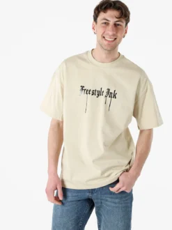 Ange Wear T-shirt da uomo oversize in cotone con stampe davanti e dietro - beige