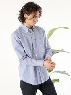 Ascot Sport Camicia a righe da uomo in cotone a maniche lunghe con taschino - blu
