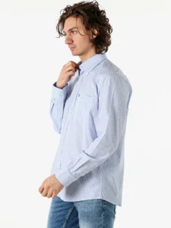 Ascot Sport Camicia rigata da uomo in cotone a maniche lunghe con taschino - azzurro