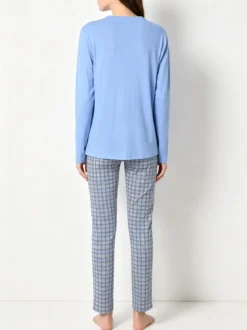 A Sette Pigiama aperto da donna in cotone interlock con pantaloni a quadri - azzurro