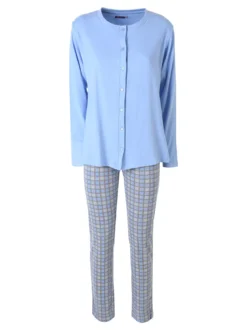 A Sette Pigiama aperto da donna in cotone interlock con pantaloni a quadri - azzurro