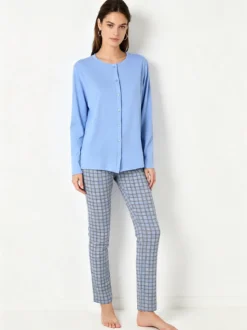 A Sette Pigiama aperto da donna in cotone interlock con pantaloni a quadri - azzurro