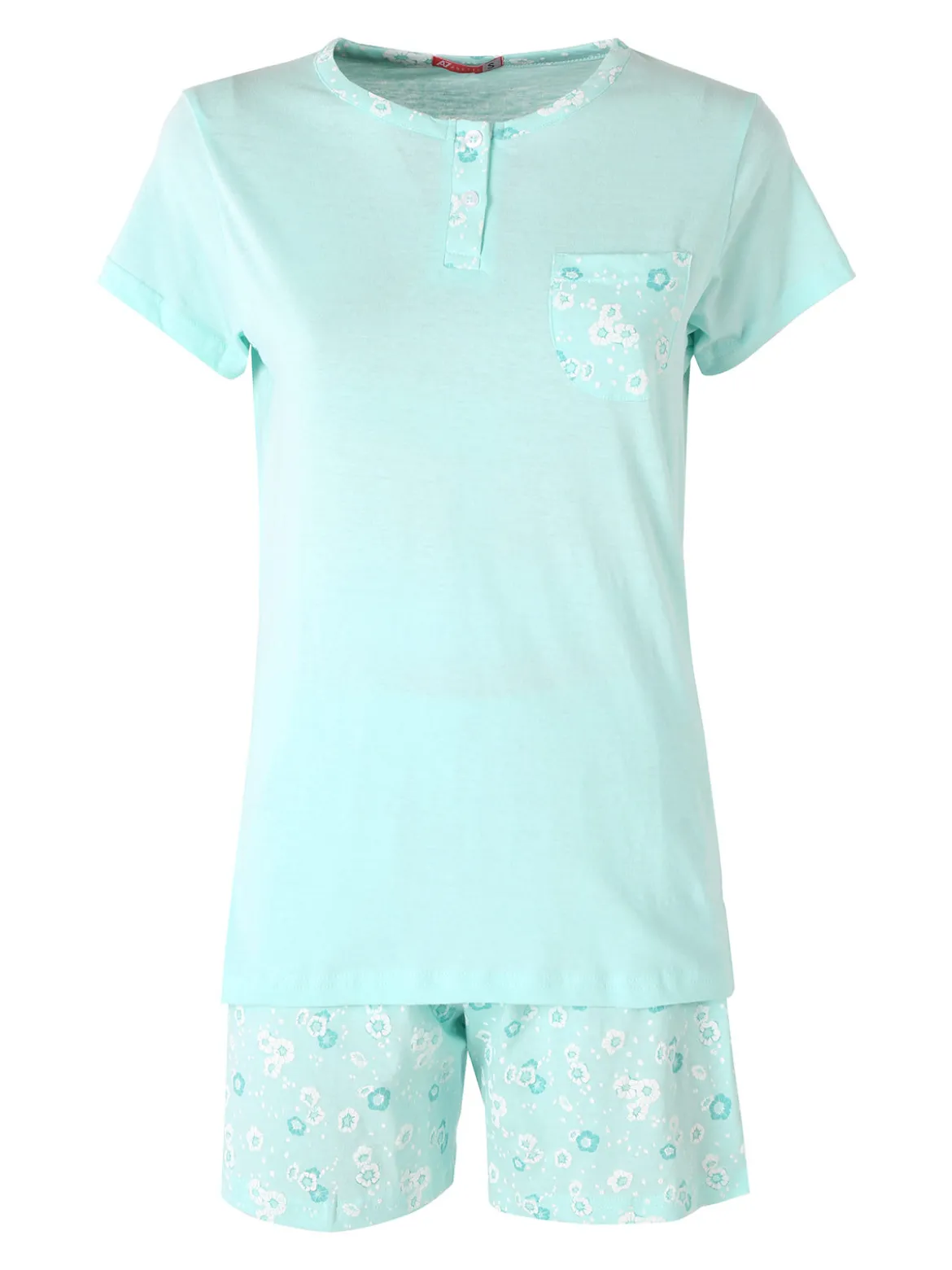 A Sette Pigiama corto da donna in cotone con taschino e shorts fiorati - acqua marina