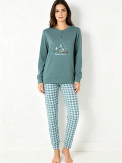 A Sette Pigiama lungo da donna in cotone interlock con dettaglio in pizzo e pantaloni a quadretti - verde