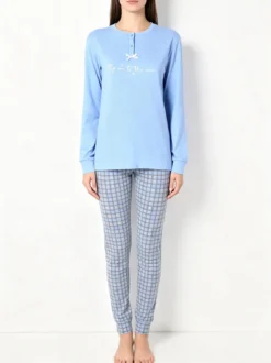 A Sette Pigiama lungo da donna in cotone interlock con pantaloni a quadri - azzurro