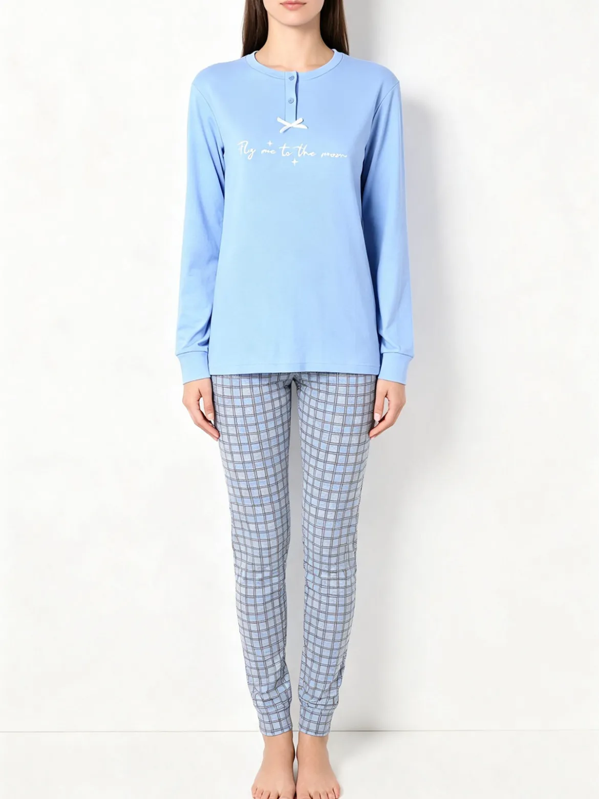 A Sette Pigiama lungo da donna in cotone interlock con pantaloni a quadri - azzurro