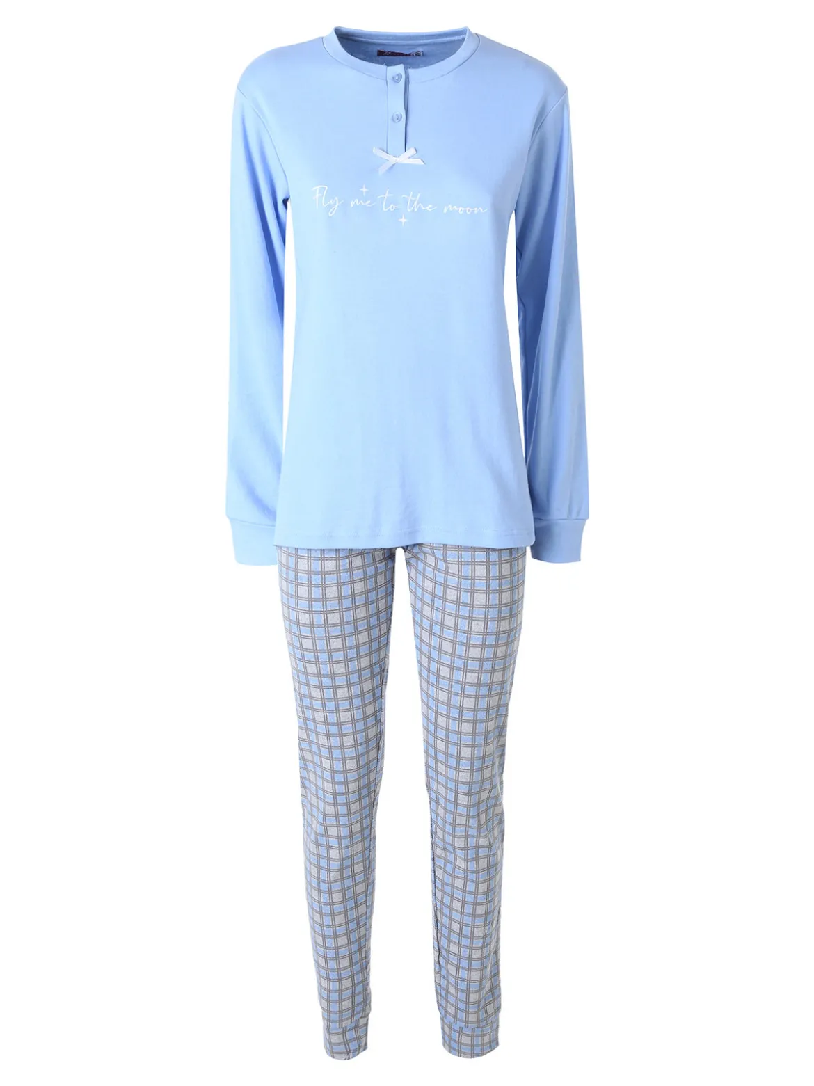 A Sette Pigiama lungo da donna in cotone interlock con pantaloni a quadri - azzurro