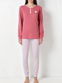 A Sette Pigiama lungo da donna in cotone interlock con pantaloni a stampa fiori - cipria