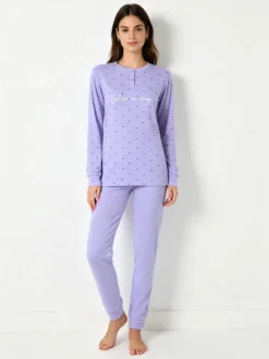 A Sette Pigiama lungo da donna in cotone interlock con stampa a cuori - lilla