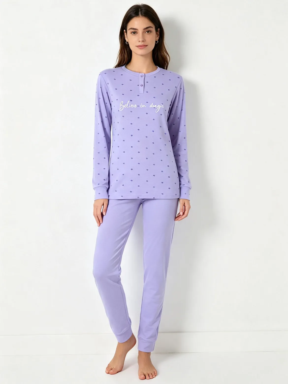 A Sette Pigiama lungo da donna in cotone interlock con stampa a cuori - lilla