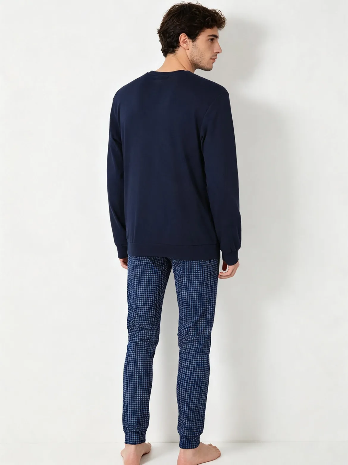A Sette Pigiama lungo da uomo in cotone interlock con pantaloni a quadretti - blu scuro