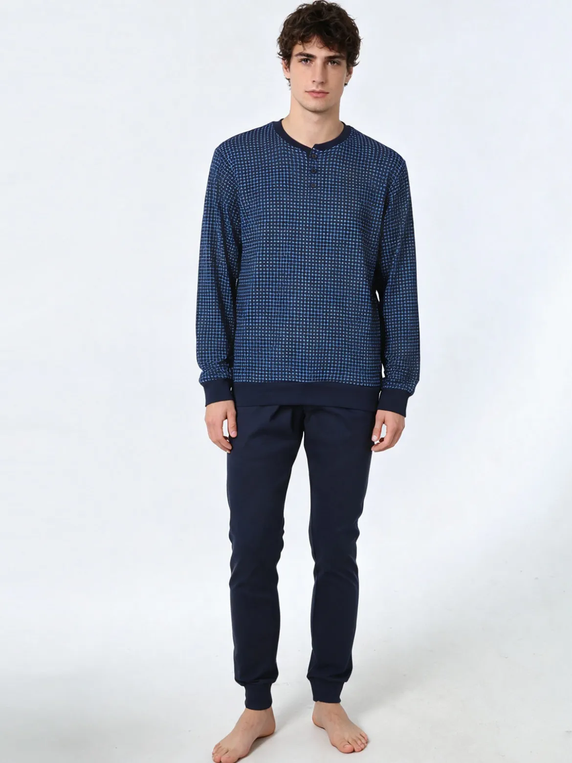 A Sette Pigiama lungo da uomo in cotone interlock con stampa a quadretti - blu scuro