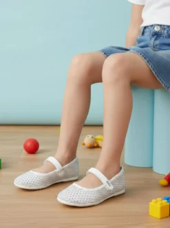 Asso Ballerine da ragazza con strass e cinturino a strappo - bianco