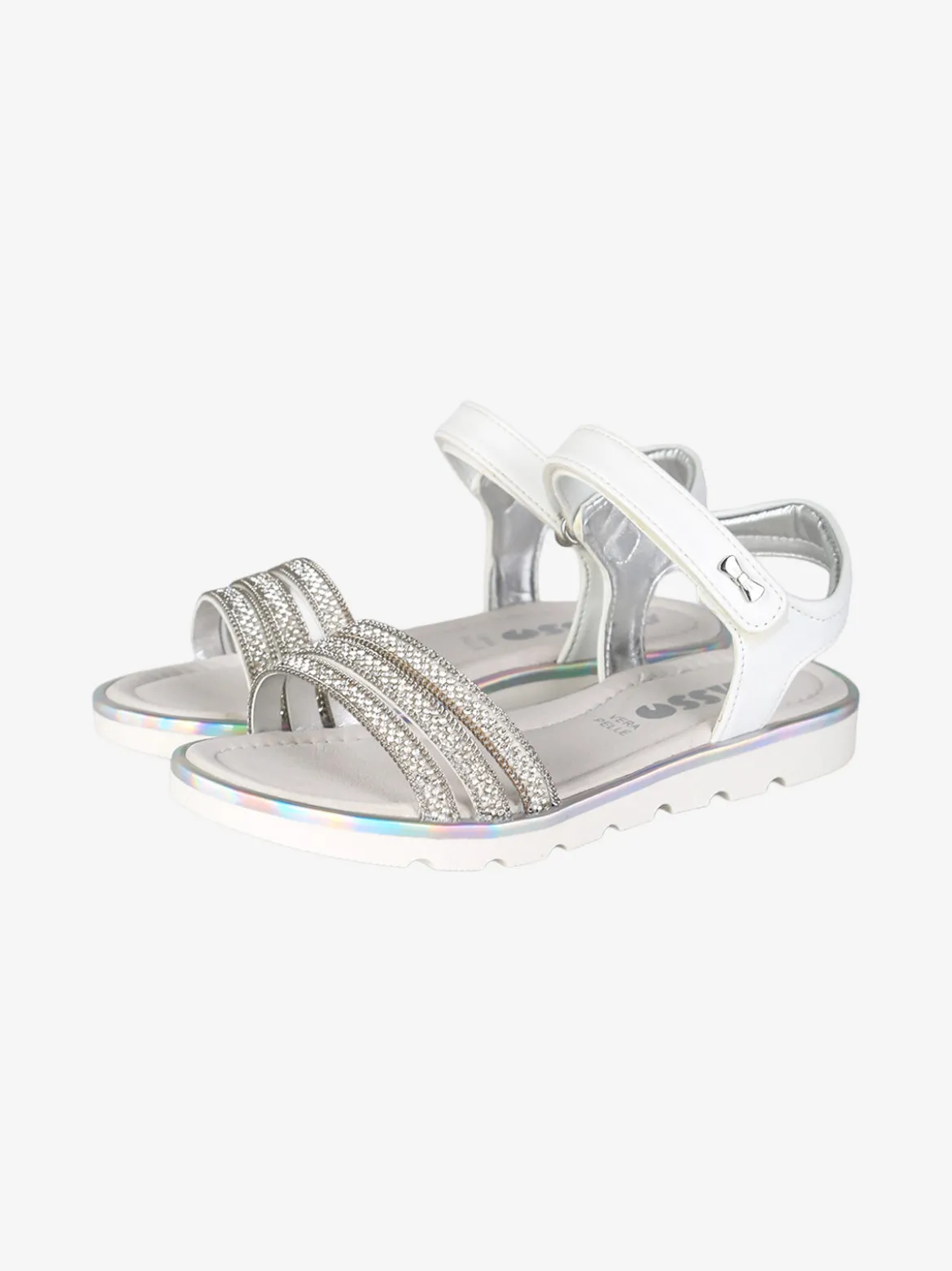 Asso Sandali da ragazza con strass e cinturino a strappo - bianco