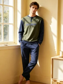 Australian Pigiama lungo da uomo in misto cotone interlock - militare