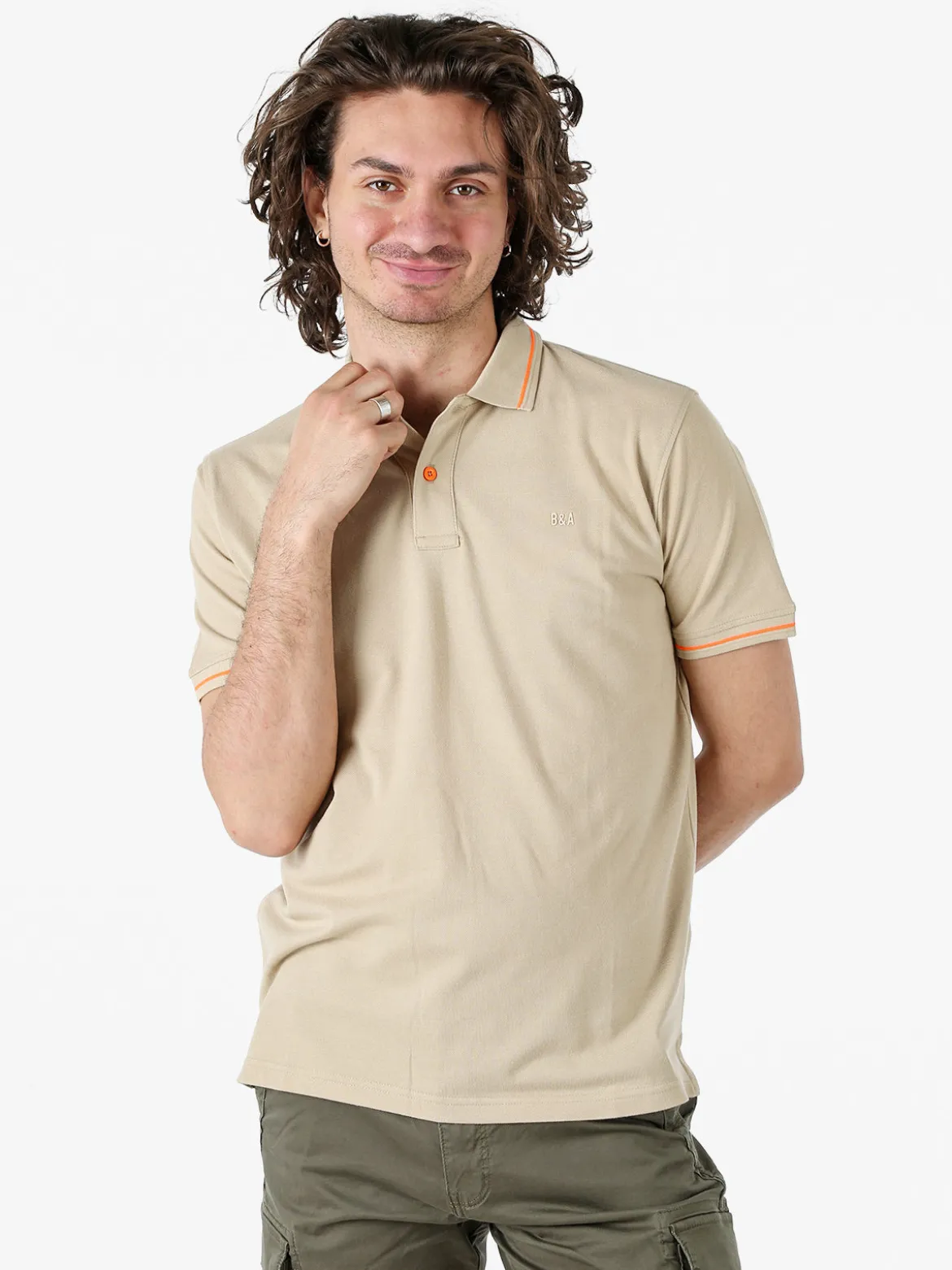 Baci & Abbracci Polo da uomo in cotone a maniche corte con logo davanti e dietro - sabbia