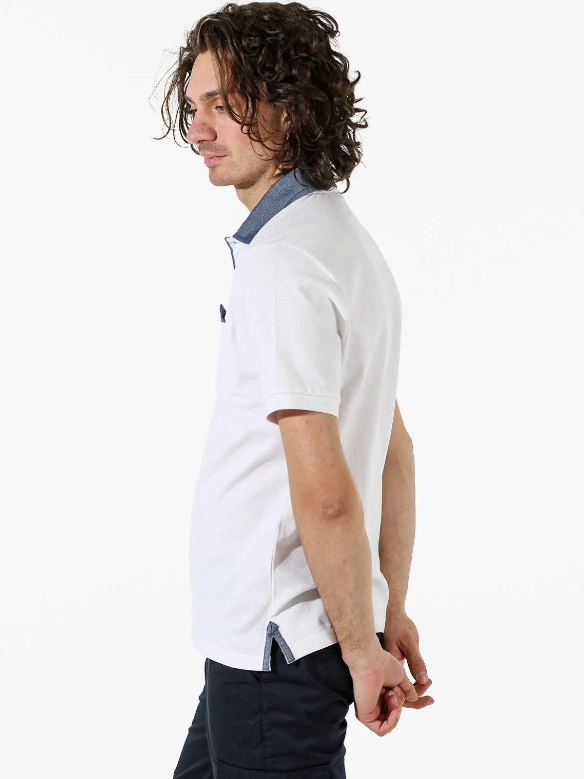 Bad Boys Polo da uomo in cotone a maniche corte con taschino e dettagli di jeans - bianco