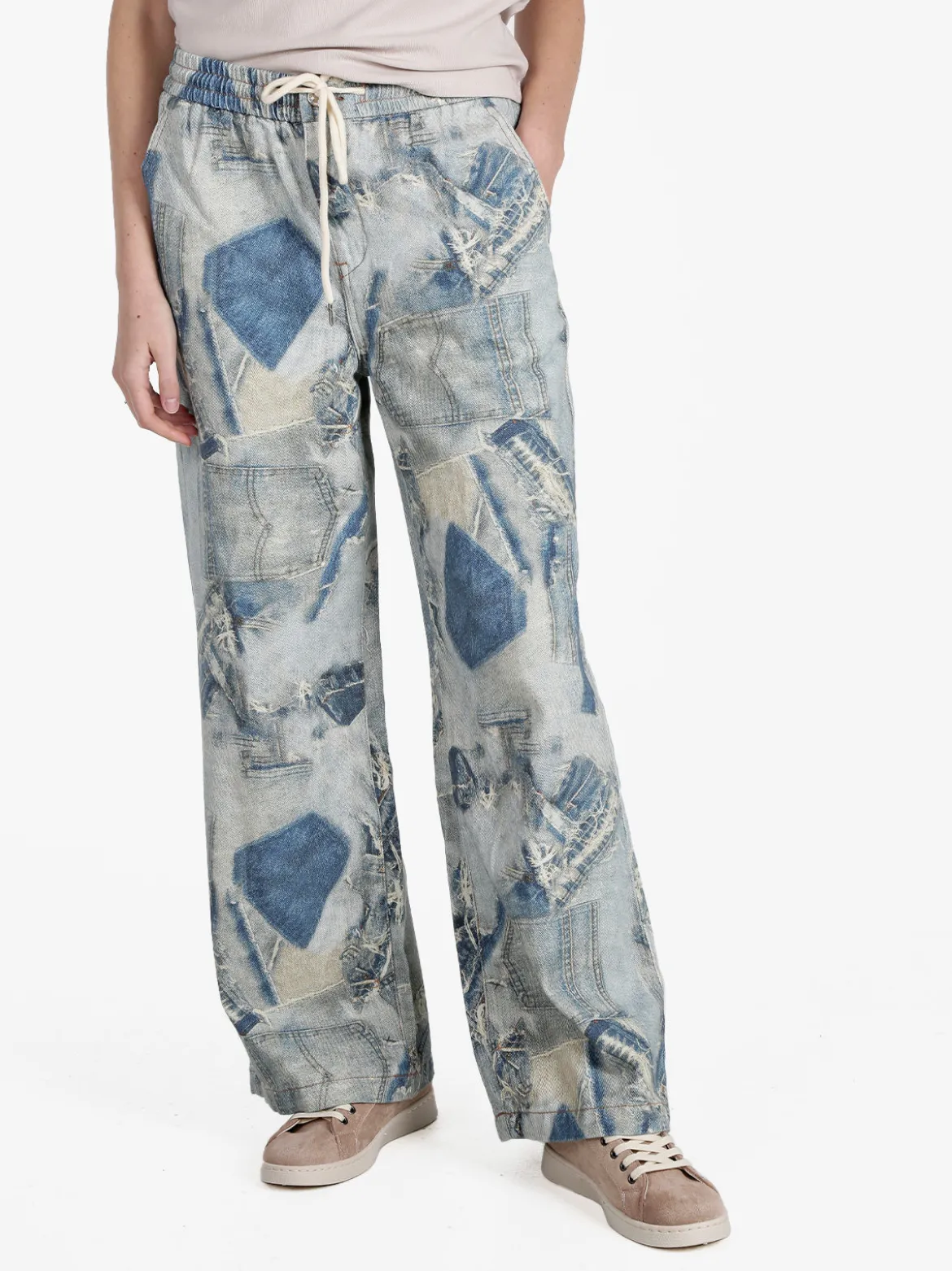 Baseventi Jeans donna a gamba larga con coulisse