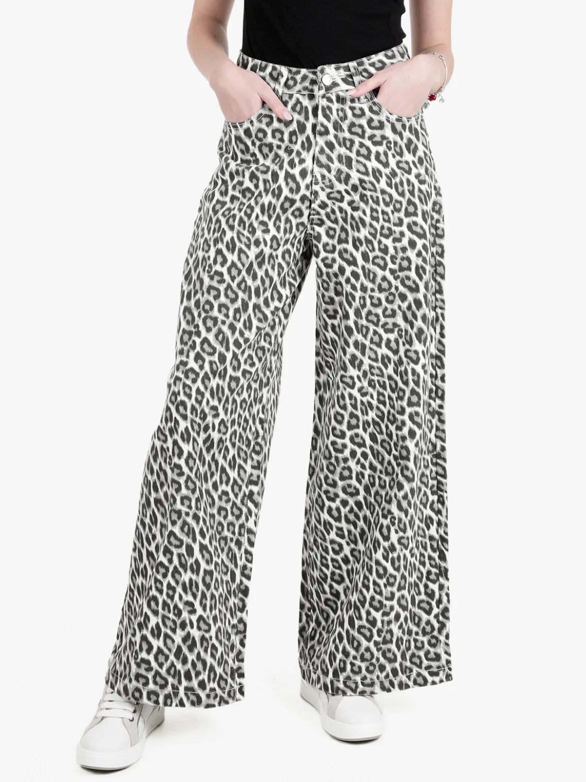 Baseventi Pantaloni donna animalier a gamba larga