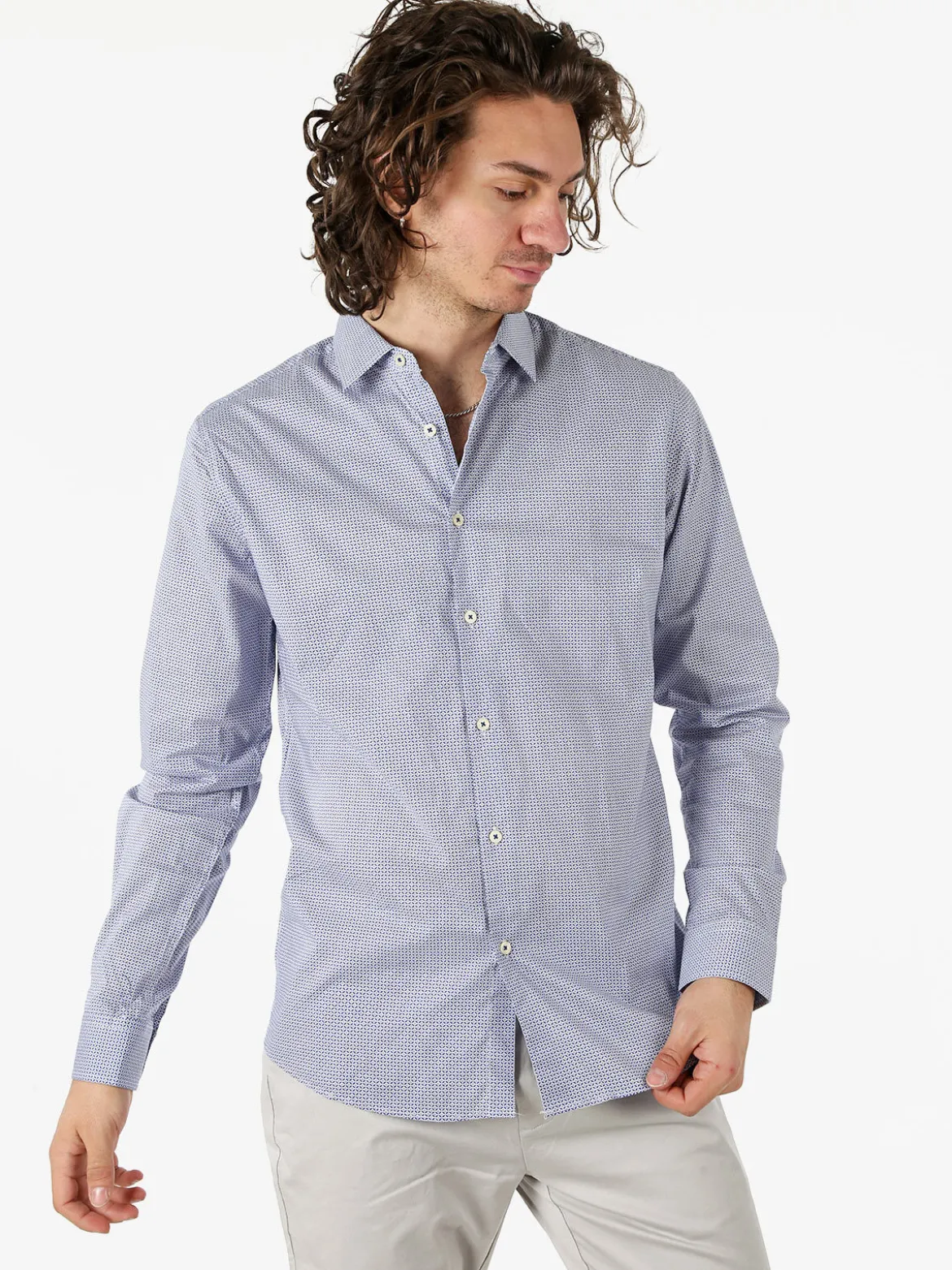Bread & Buttons Camicia da uomo in cotone a maniche lunghe con stampe - blu