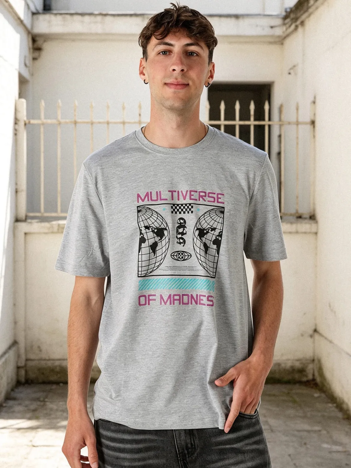 Buoncostume T-shirt girocollo da uomo in cotone con stampa - grigio