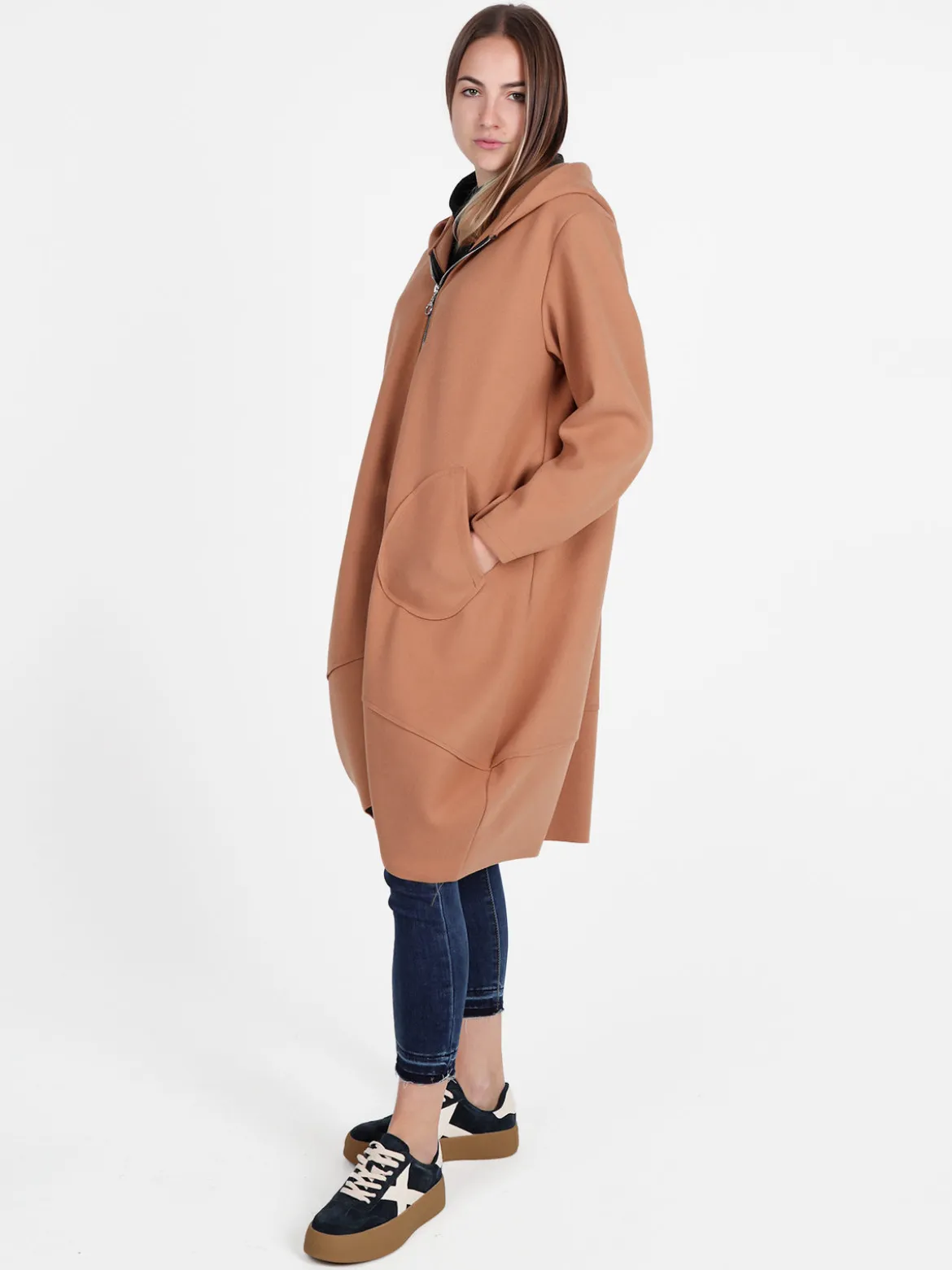 158c Cappotto lungo da donna con cappuccio e zip