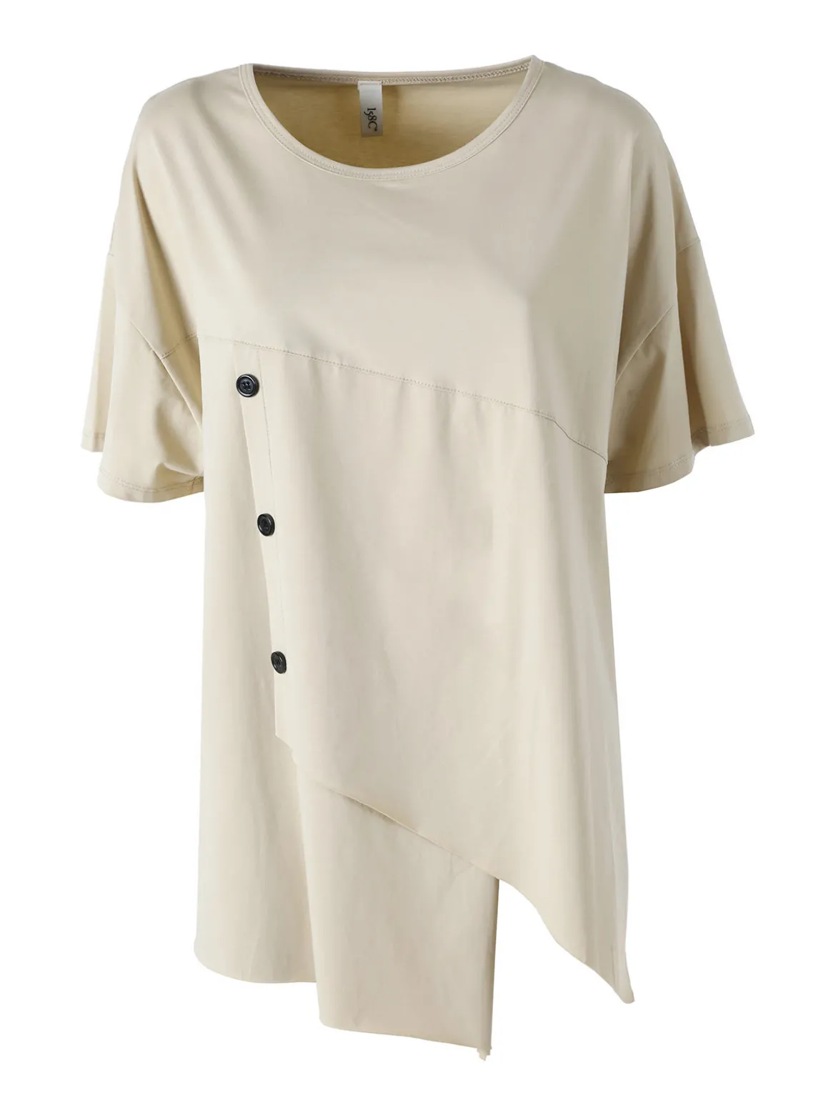 158c Maxi t-shirt da donna asimmetrica in cotone elasticizzato con bottoni decorativi - beige