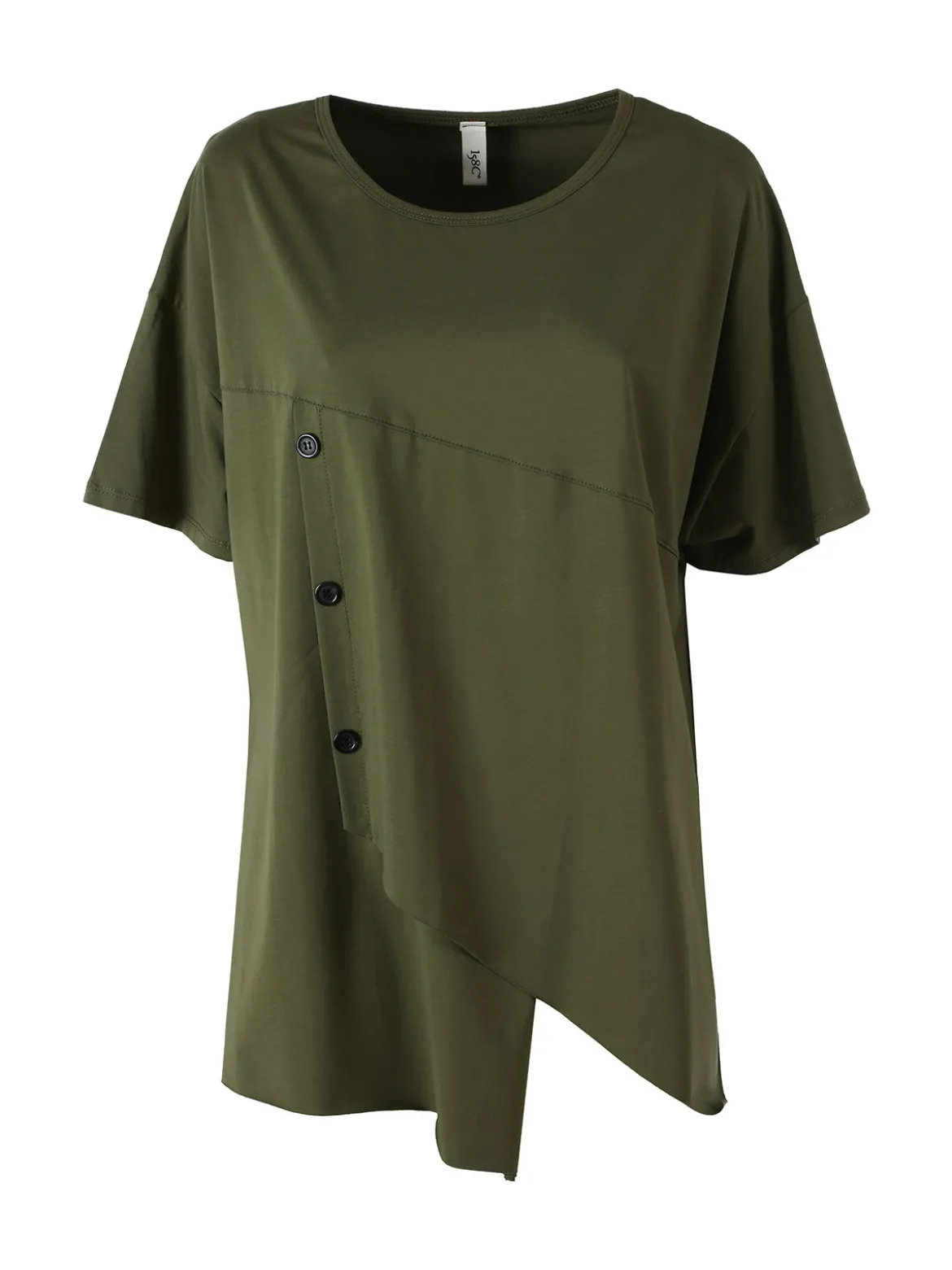 158c Maxi t-shirt da donna asimmetrica in cotone elasticizzato con bottoni decorativi - militare