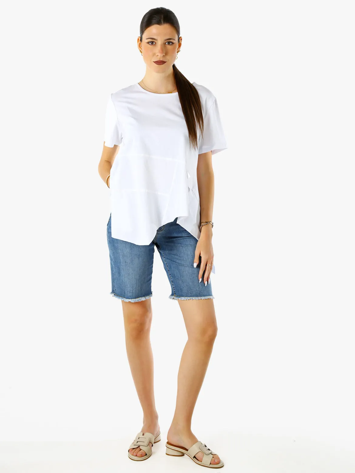 158c Maxi t-shirt donna in cotone asimmetrica - bianco
