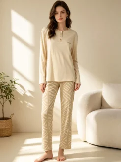 Coconuda Pigiama lungo da donna in cotone - beige