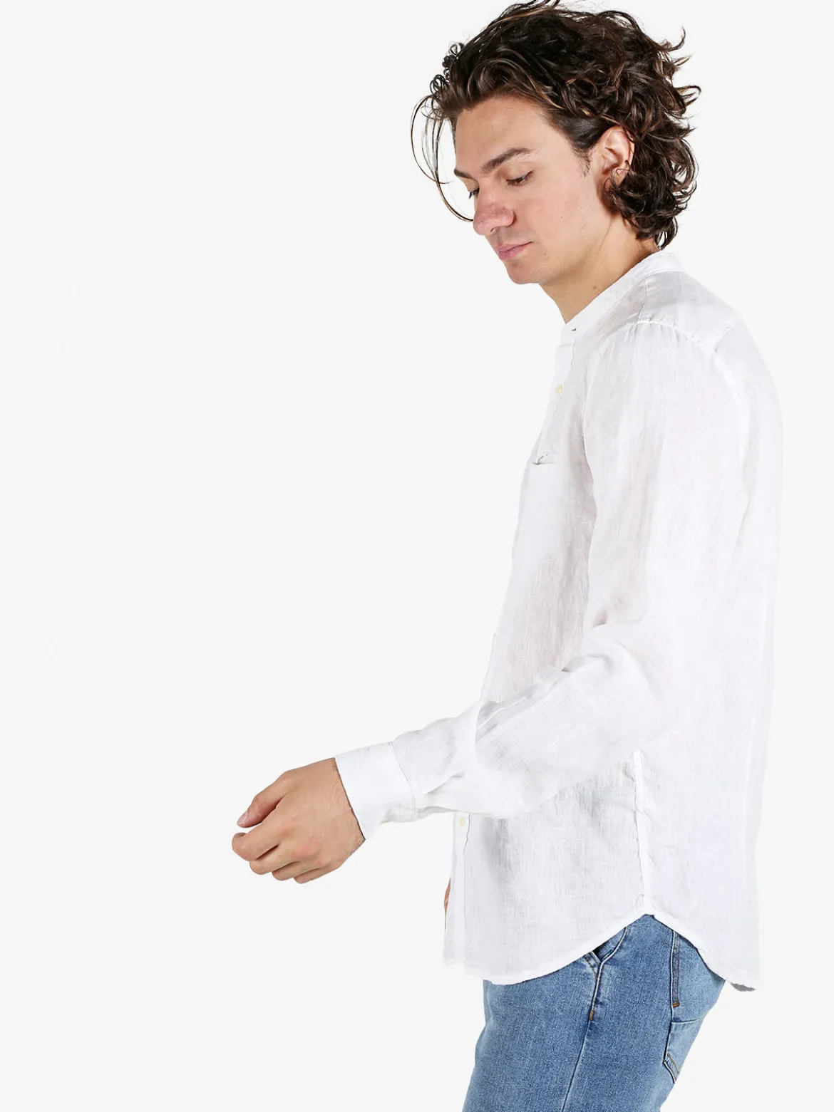 Coveri Collection Camicia in lino da uomo alla coreana con maniche lunghe
