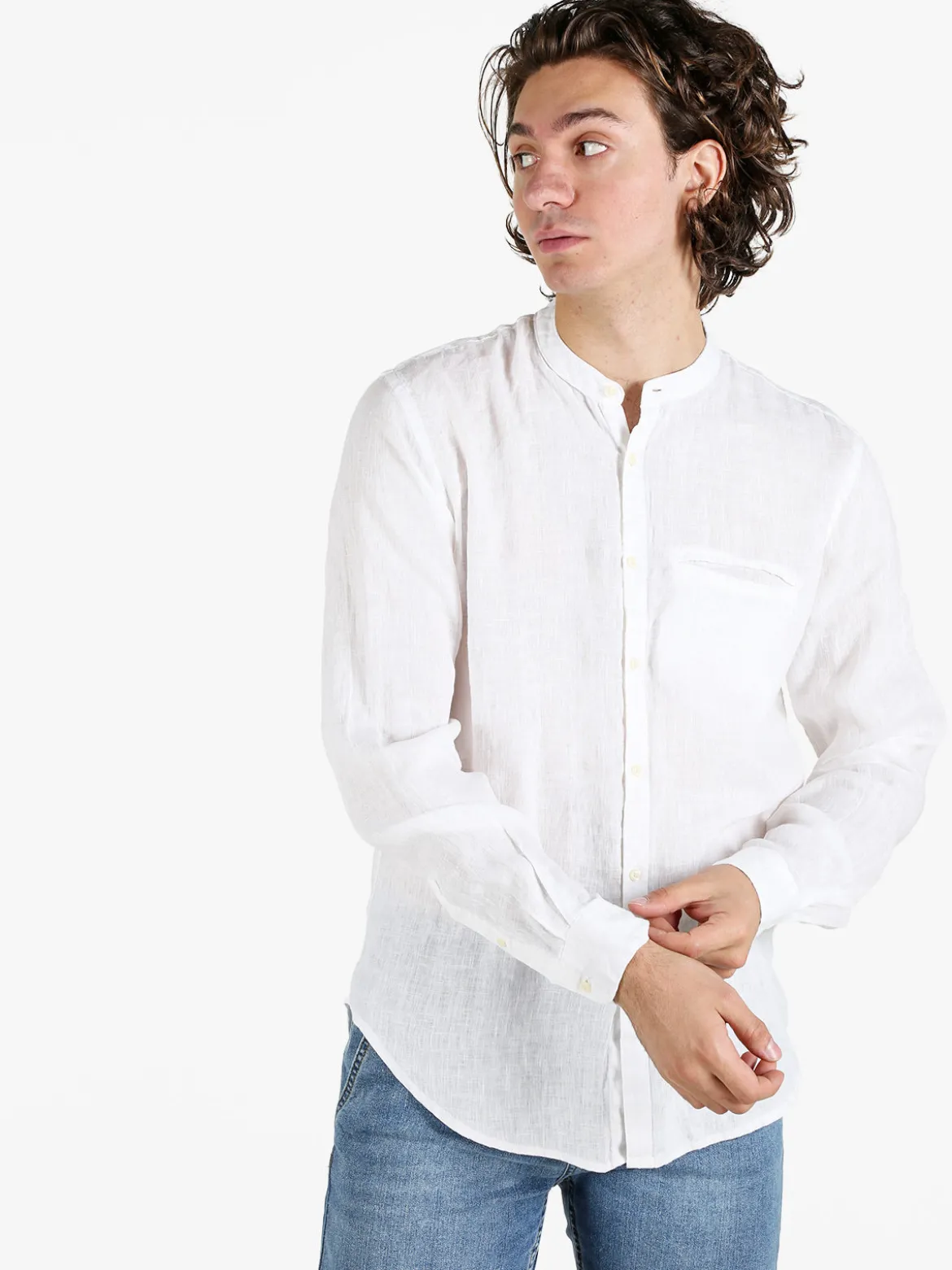 Coveri Collection Camicia in lino da uomo alla coreana con maniche lunghe
