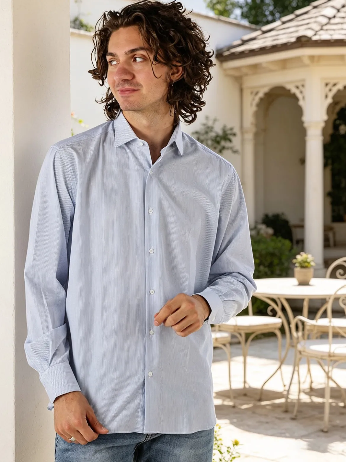 Coveri Moving Camicia da uomo in cotone regular fit con stampa a righe strette e maniche lunghe - azzurro