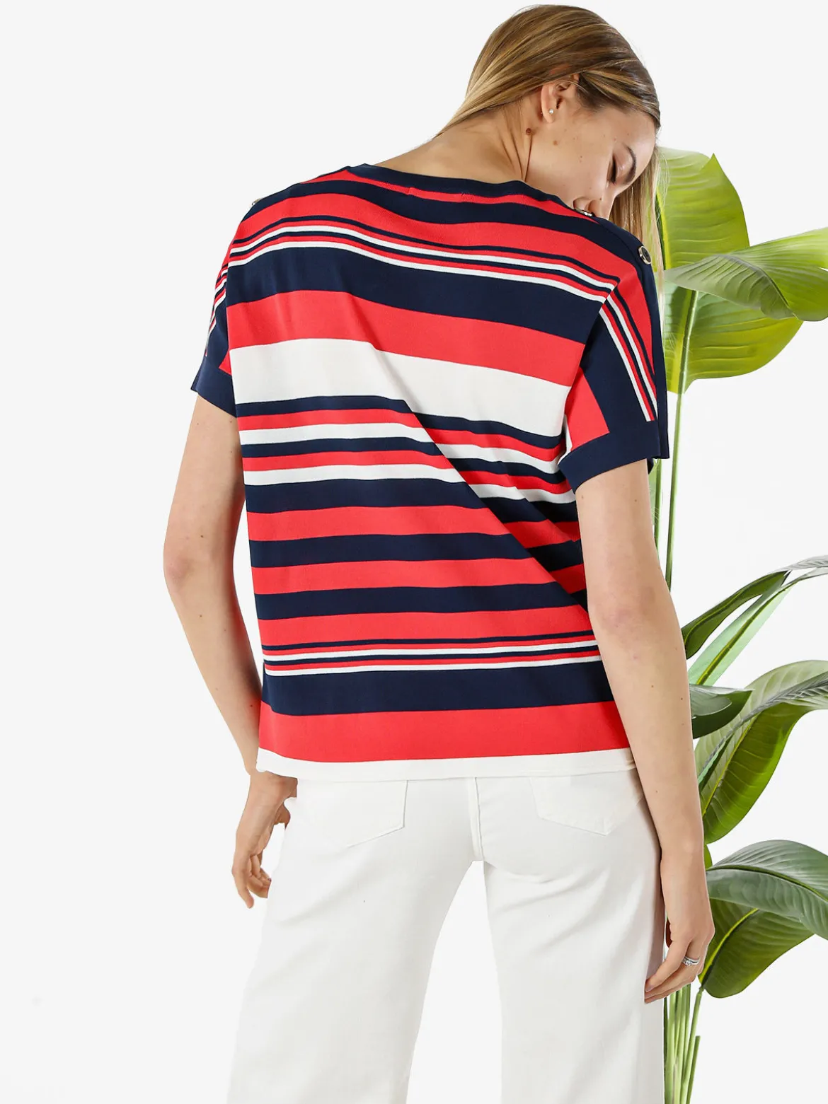 Coveri Moving Maglia donna rigata a maniche corte con bottoni decorativi - fragola