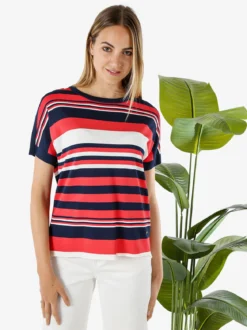 Coveri Moving Maglia donna rigata a maniche corte con bottoni decorativi - fragola