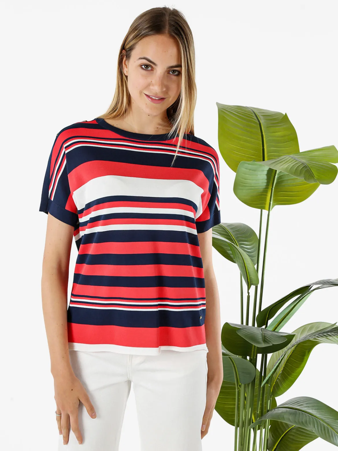 Coveri Moving Maglia donna rigata a maniche corte con bottoni decorativi - fragola