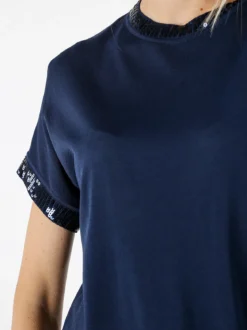 Coveri Moving Maglia girocollo da donna a maniche corte con paillettes decorative - blu scuro