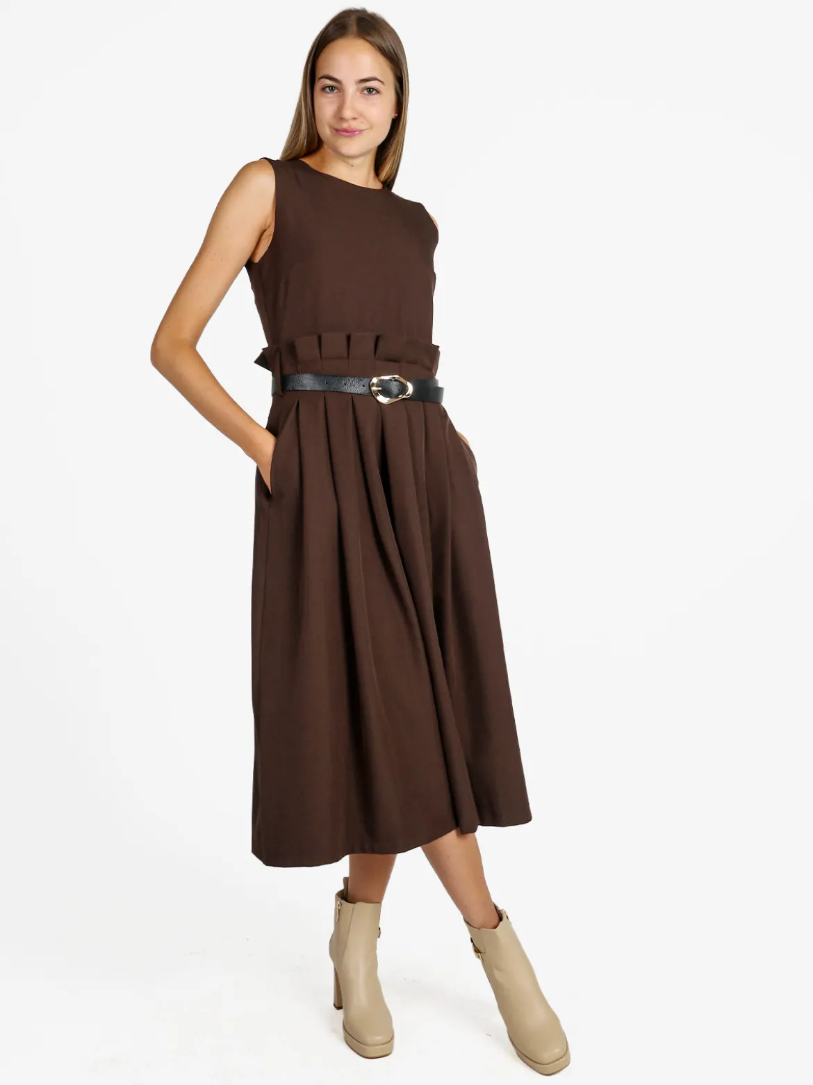 Daystar Abito lungo da donna smanicato con cintura - moro