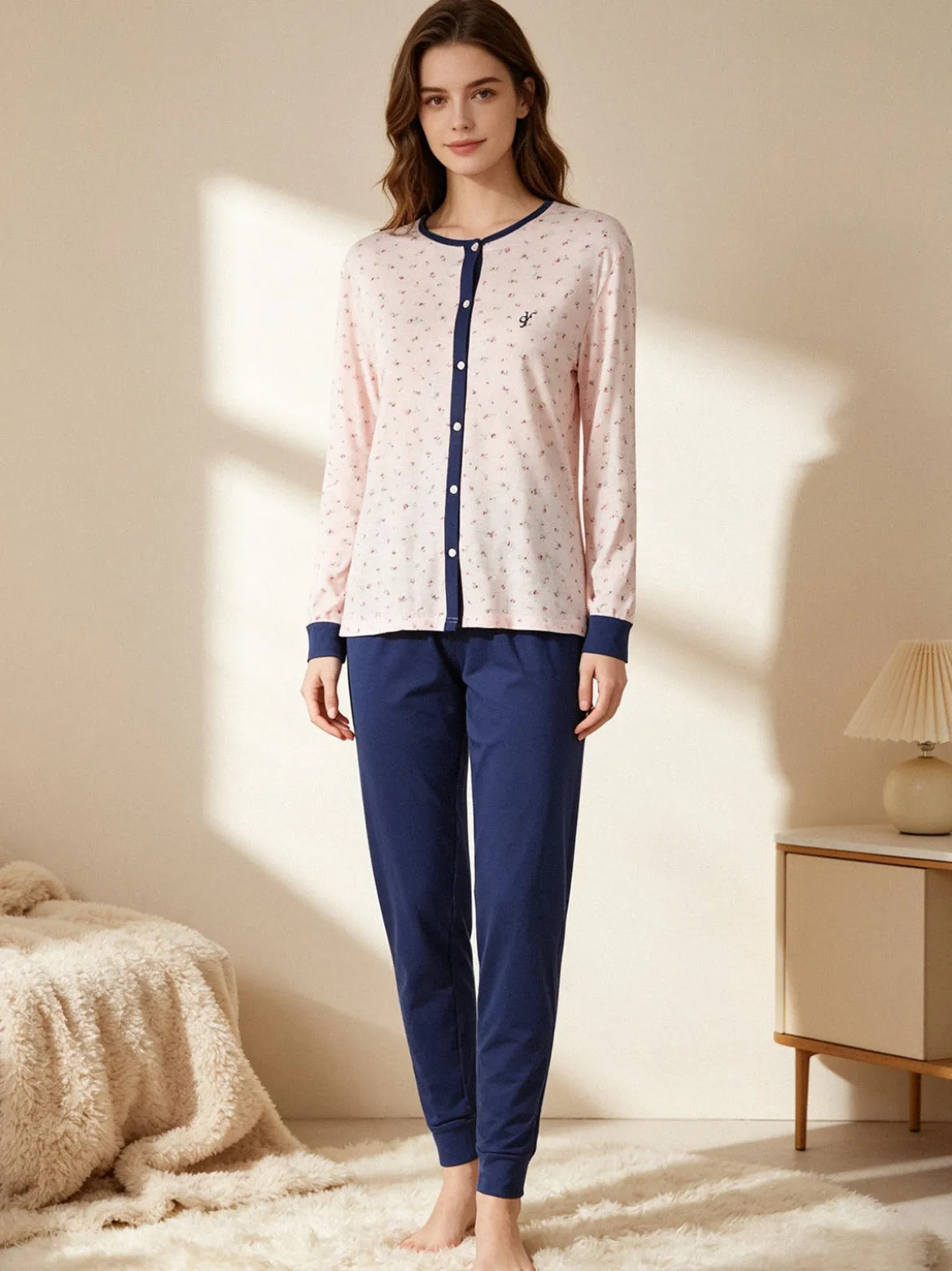 De Fonseca Pigiama aperto da donna in cotone con bottoni - rosa
