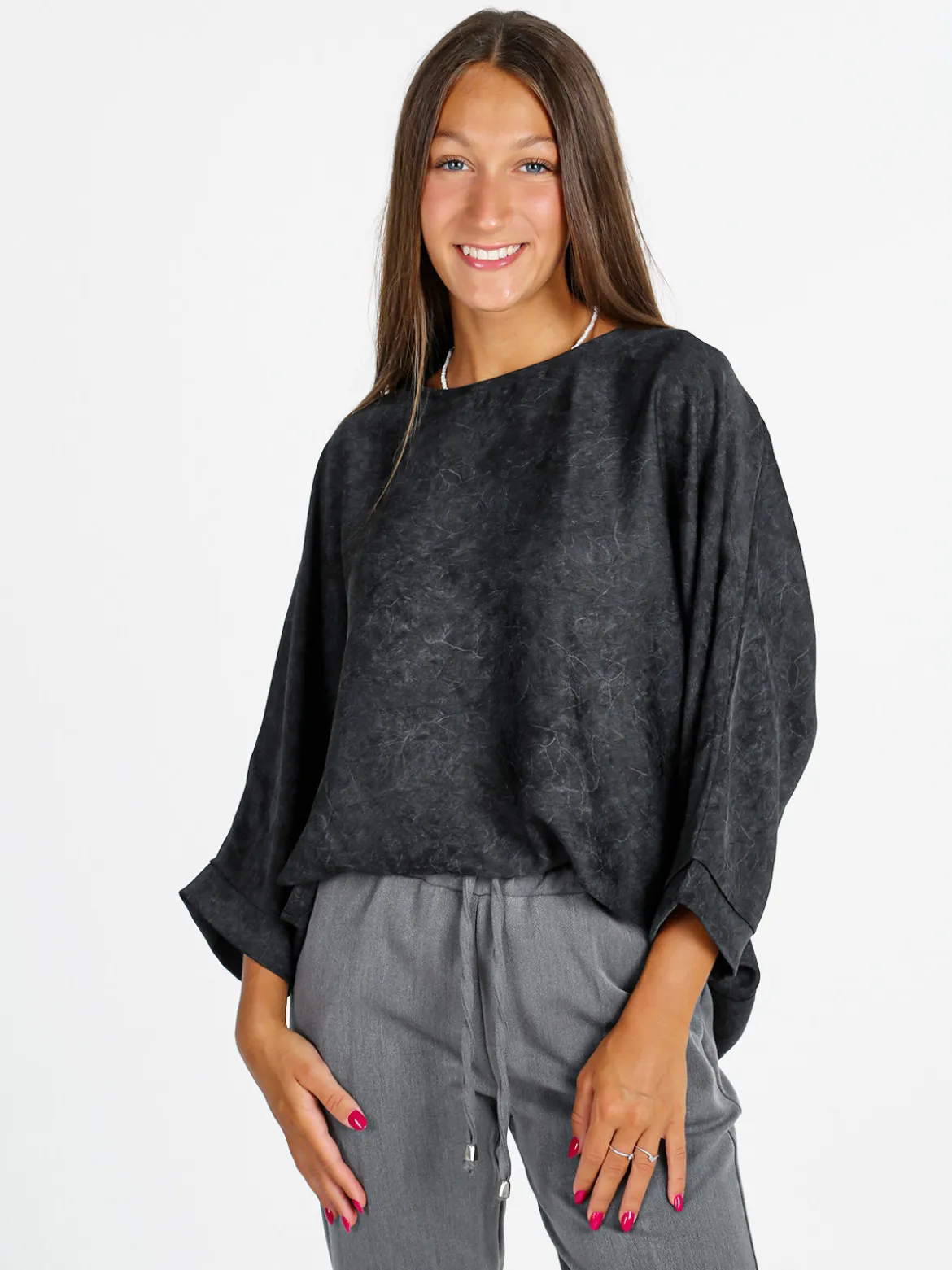 Deva Moda Blusa donna girocollo con maniche a pipistrello - nero