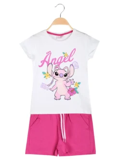 Disney Lilo & Stitch Completo corto da bambina in cotone con t-shirt e shorts con coulisse - bianco