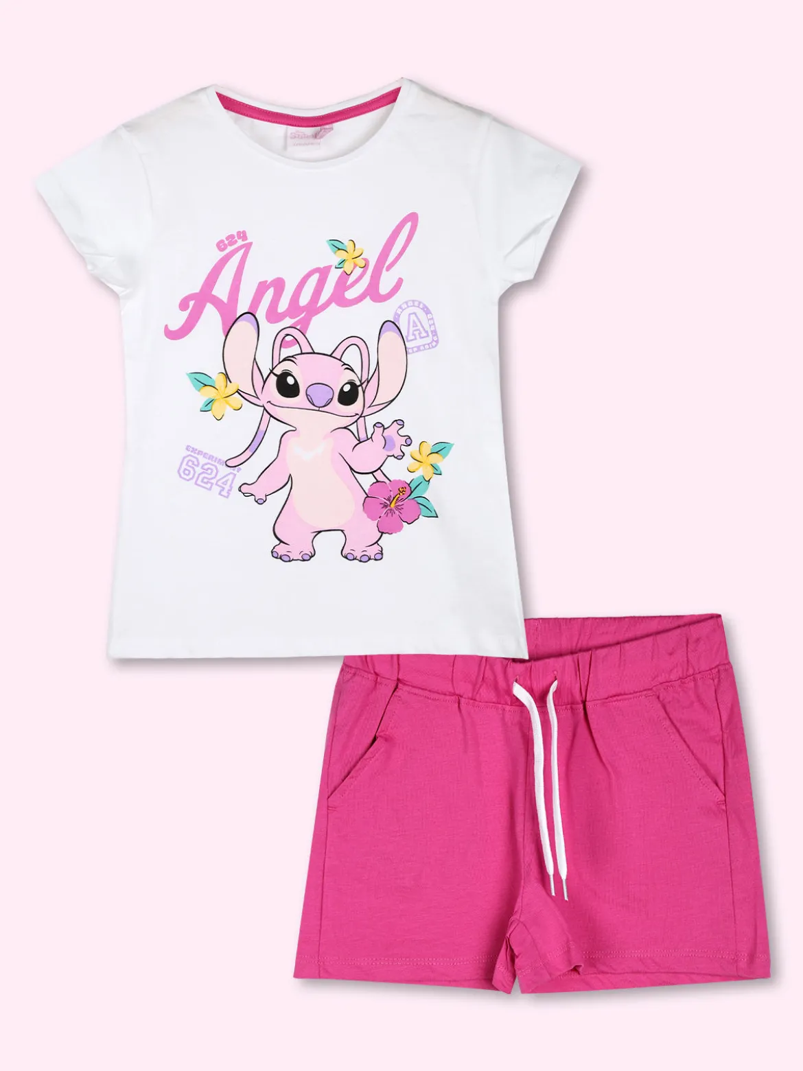 Disney Lilo & Stitch Completo corto da bambina in cotone con t-shirt e shorts con coulisse - bianco