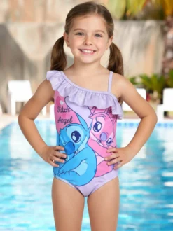 Disney Lilo & Stitch Costume intero da bagno da bambina monospalla con stampa e glitter - lilla