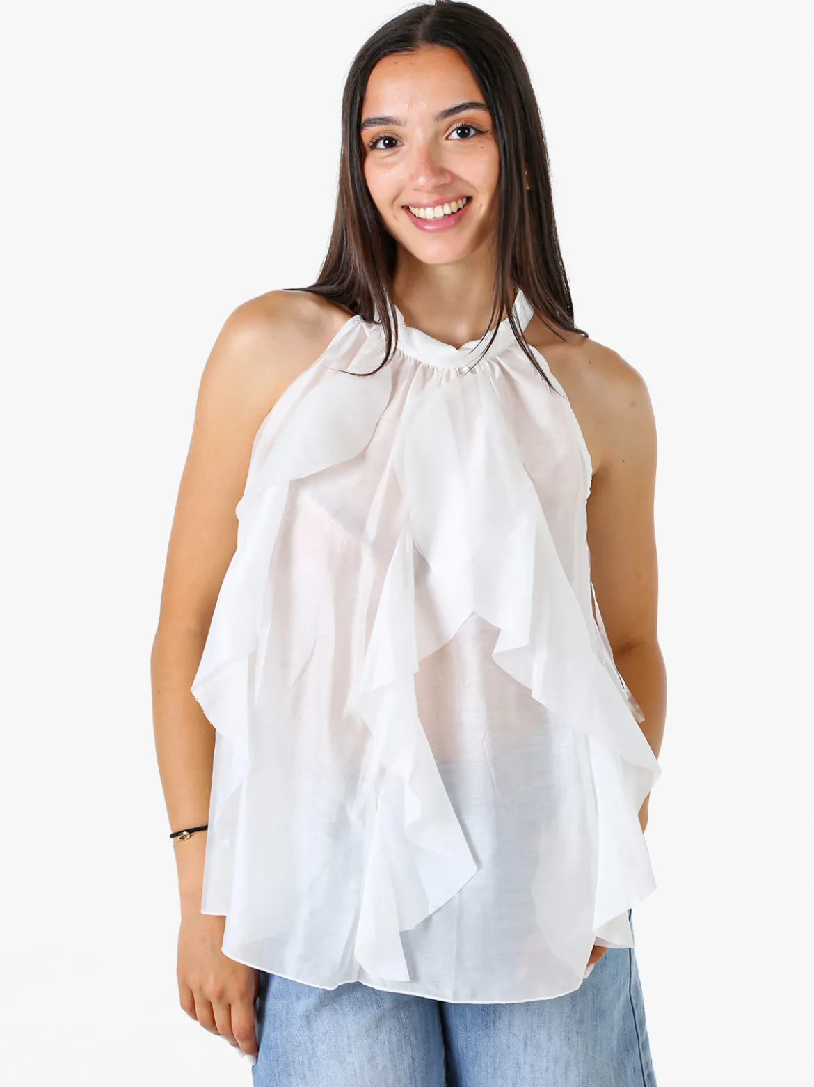 Doremi Top donna con volant e allacciatura al collo - bianco